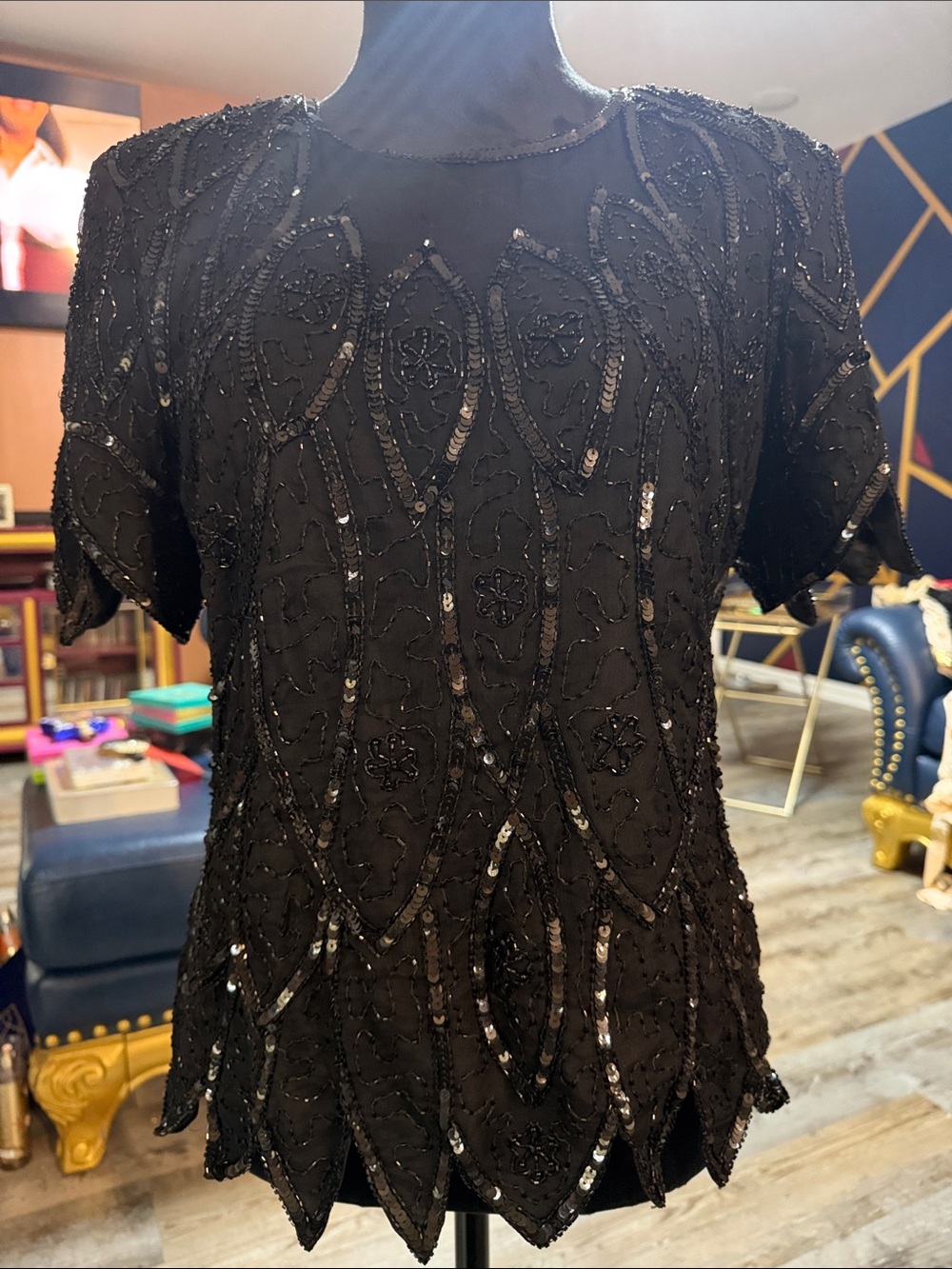 Black silk 1980 Vintage Stenay black beading/sequin and Scalloped hem